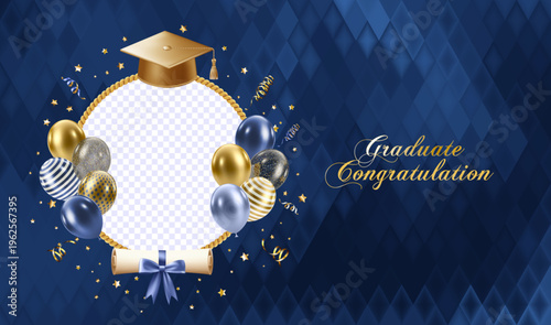 Realistic Blue graduate caps set. 3D Graduation Doctoral hat.