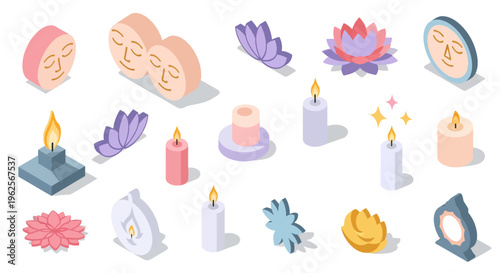 Isometric meditation and relaxation elements: candles, flowers, and faces in soft pastel colors