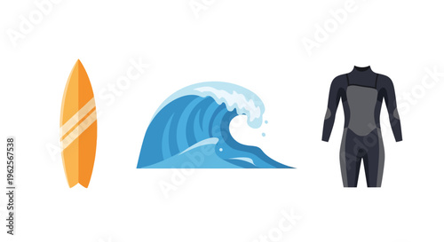 Surfing adventure: surfboard, ocean wave, wetsuit in minimalist design