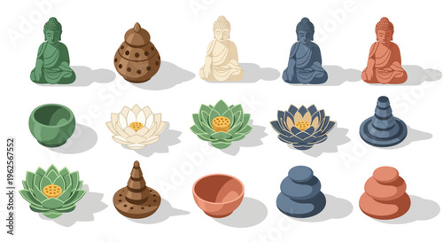 Flat colorful zen objects: buddha statues, lotus flowers, and meditation items