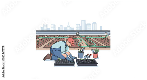 Rooftop garden farming with urban background in a flat design style