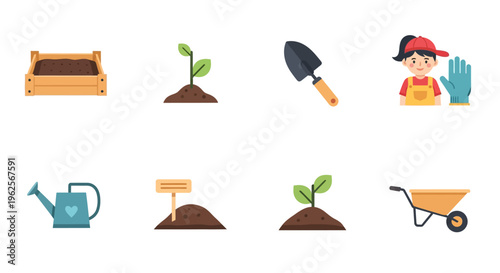 Gardening tools and sprout growth with gardener in flat design