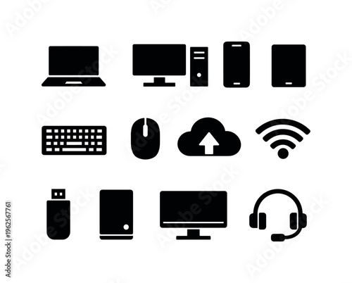 Digital skills and tools: laptop, desktop computer, smartphone, tablet, keyboard, mouse, cloud storage, wifi signal, usb flash drive, external hard drive, monitor screen, headset