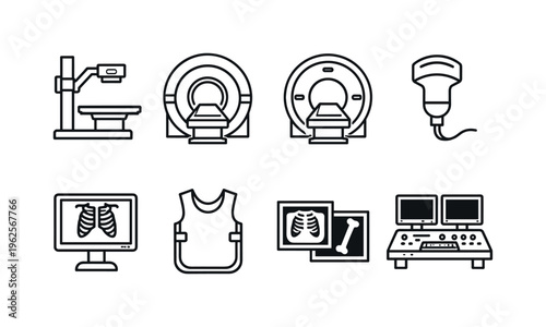 Radiology imaging equipment: x-ray machine, mri scanner tunnel, ct scanner ring, ultrasound probe, radiology monitor, lead apron, imaging film sheet, control console