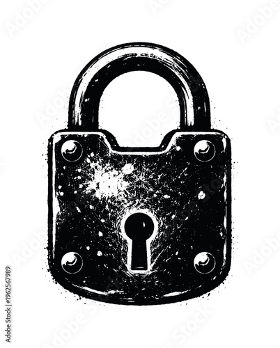 A vintage metal padlock shown in direct frontal view, enlarged to fill most of the frame with the rounded shackle rising prominently above the solid rectangular