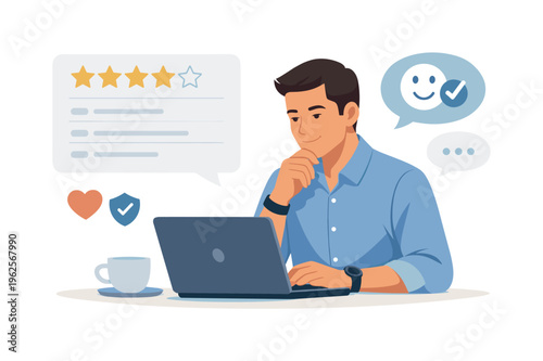 A online reputation management and brand perception concept featuring a mindful professional monitoring feedback beside a simple star review panel and a speech bubble element