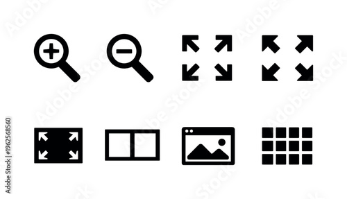 UI zoom and view: zoom in magnifier, zoom out magnifier, fullscreen expand, fullscreen exit, fit to screen, actual size, preview window, thumbnail grid