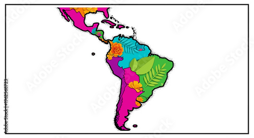 Colorful pop art map of latin america with flowers and leaves