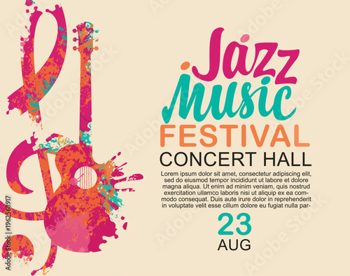 Vector poster, or banner for a jazz music with guitar, treble clef and colored splash, spots and inscription. Suitable for flyer, invitation, poster, cover, icon, music school, advertising, festival. 