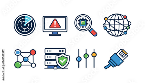 Network security monitoring: radar screen display, desktop monitor with warning sign, magnifying glass over chip, digital globe grid, connected nodes diagram, server rack with