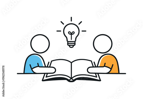 Collaborative learning session in an academic environment focused on improving understanding and achieving shared educational goals, two simple student figures sitting across an