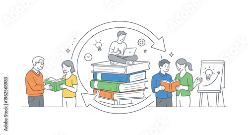A knowledge retention and employee training continuity scene showing teams preserving expertise and passing knowledge together around a large book archive and a simple circular