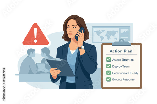 A crisis management and rapid response coordination scene showing a composed professional handling an urgent situation beside a simple alert icon and a clear action checklist