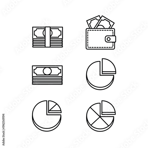 Money icon set including wallet, cash and pie chart illustrations
