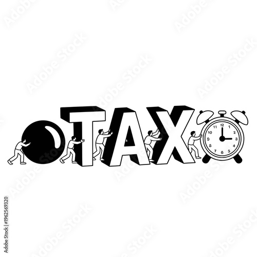 Tax illustration with people pushing letters and clock