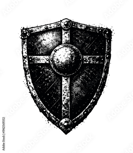 A heavy medieval shield shown in direct frontal view, centered and filling most of the frame with its broad, slightly convex surface and reinforced rim forming