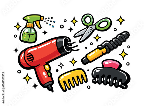 Hair styling tools themed collection of 6 bold, playful hand-drawn cartoon objects scattered freely on a white background at varying scales like a colorful