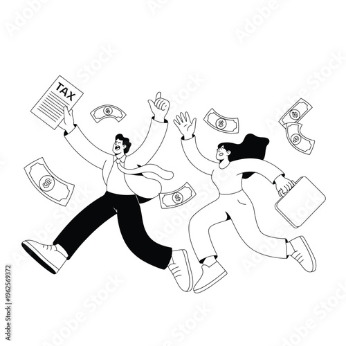 Tax return illustration of happy couple jumping with money and documents