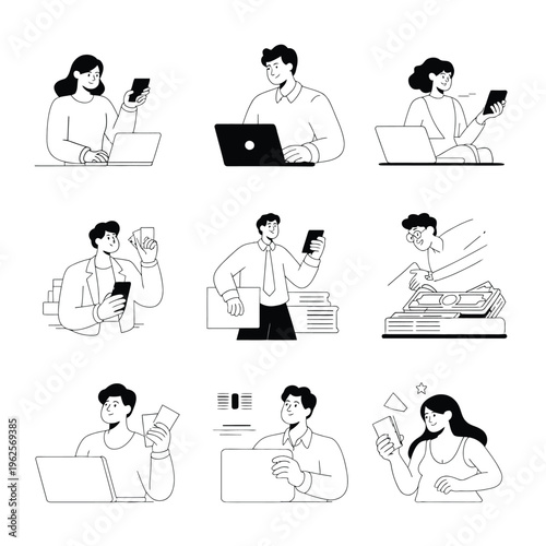 Laptop illustration of people working and using their mobile phones