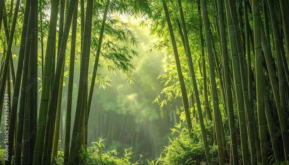 Fototapeta premium Serene bamboo grove bathed in soft morning sunlight and mist