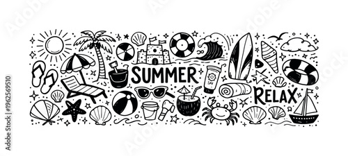 Summer Beach theme  a dense horizontal doodle collage of  hand-drawn beach and vacation objects packed tightly together on a white background like a