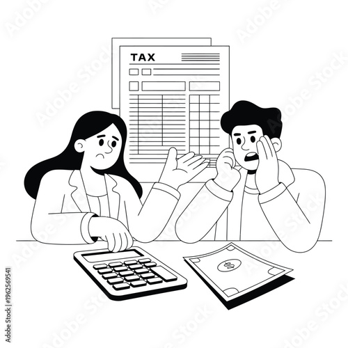 Tax consultant explaining tax return to stressed client with calculator and money
