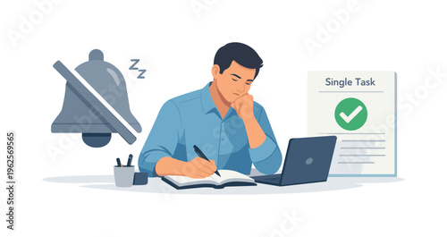A personal productivity and deep work concentration concept featuring a focused professional minimizing distractions beside a large minimal notification bell turned off and a