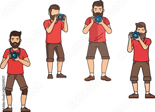 Professional photographer character set with bearded man holding digital camera taking photos for hobby