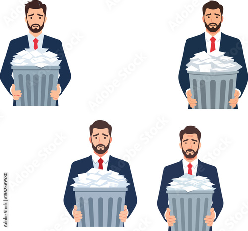 Sad businessman carrying trash bin full of paperwork character set concept of business failure job loss or office cleaning vector illustration isolated