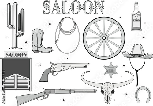 A set of accessories of the Wild West of the United States and cowboys' everyday life isolated on a white background