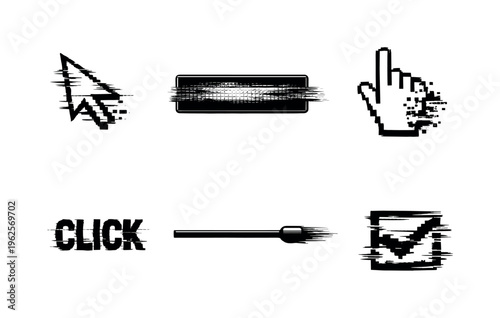 Theme: interface and user interaction breakdown  a set of 5 glitch-distorted monochrome objects placed on a perfectly clean white background, each object