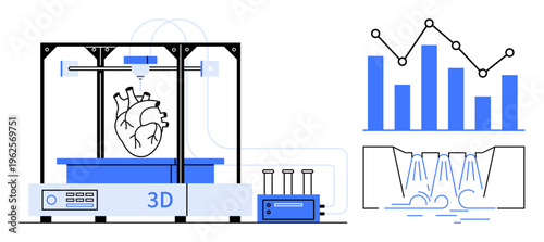 Healthcare innovation, additive manufacturing, data visualization, scientific research, medical advancements, 3D bio-printing. A 3D printer creates a human heart, accompanied by statistics