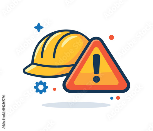 Occupational health and safety awareness promoting protective gear usage and risk prevention in hazardous workplaces, a hard hat combined with a warning triangle symbol