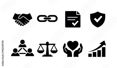 Partnership and cooperation: linked hands, chain links, agreement document, trust shield, group network, balance scale, heart support, growth arrow