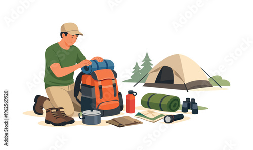 A camping preparation moment where a person organizes gear before an outdoor trip in a natural setting, a backpack and a simple tent symbol representing travel