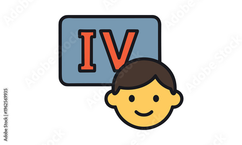 Cartoon boy face, smiling child icon, yellow skin, brown hair, educational symbol