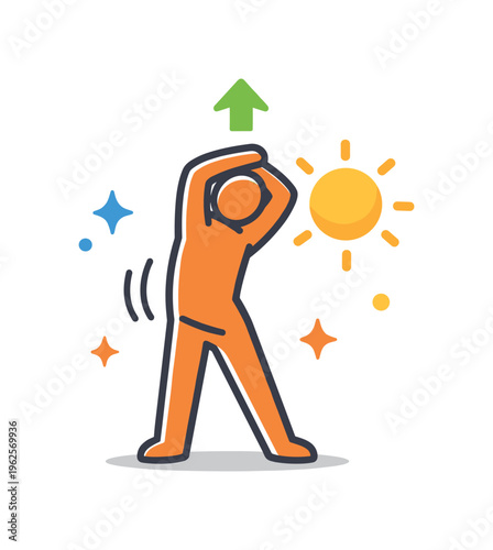 Healthy morning stretching and body activation focused on preparing the body for daily activity and reducing stiffness after sleep, a simple human figure combined with a sun and a