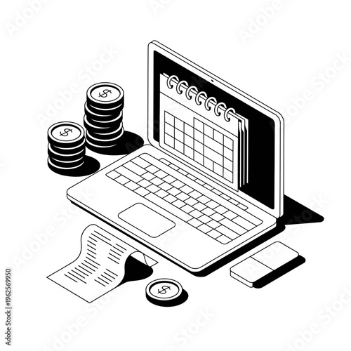 Laptop computer with financial documents and coins on a white background illustration