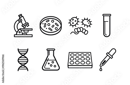 Microbiology laboratory: microscope, petri dish, bacteria cells, test tube, DNA helix, lab flask, culture plate, pipette dropper