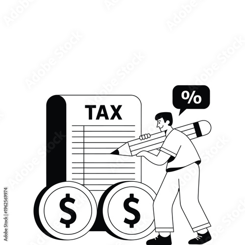 Tax form vector illustration with a man holding a large pencil