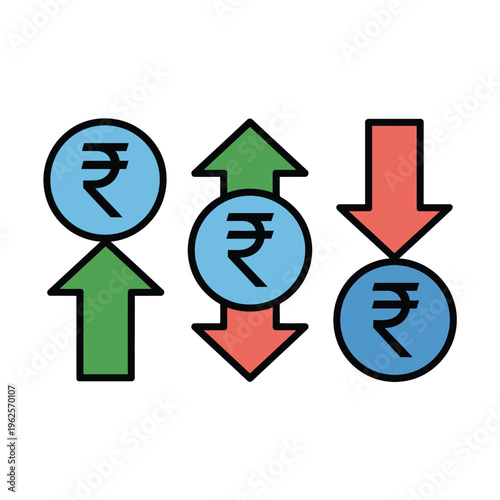 Rupee icon vector illustration with green and red arrows pointing up and down