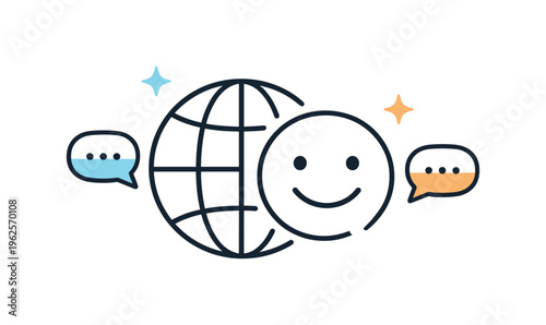 Global social connection theme centered on fostering dialogue and shared experiences among people from different regions, a simple globe icon paired with a smiling face outline