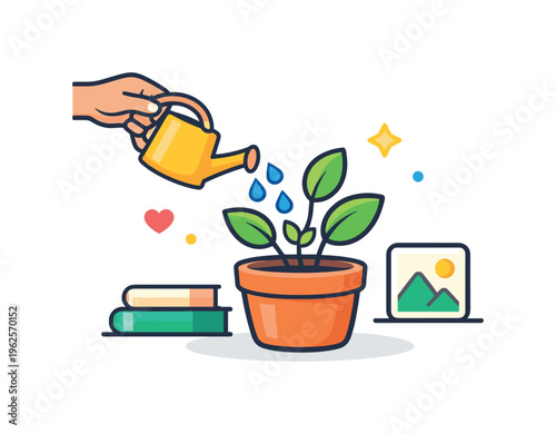 Watering houseplants at home as part of a simple care routine focused on maintaining a pleasant living space and connection with nature, a small watering can pouring onto a potted