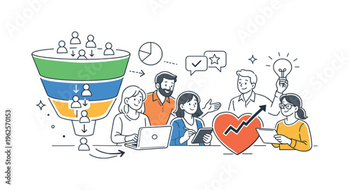 A user retention analytics and churn reduction scene showing a product team analyzing behavior and improving engagement together around a large funnel and a simple heart icon