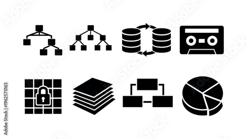 Database administration control: query execution plan nodes, index tree branch diagram, data replication arrows loop, backup archive tape block, permission lock matrix grid
