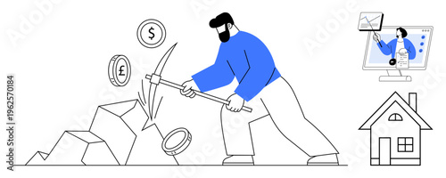 Financial mining concept. Financial mining with a person extracting currency icons, data analysis on a monitor, and home asset ation. Financial growth, investment, currency trade, asset management