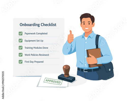 A onboarding checklist completion and readiness verification scene showing a new hire confirming preparation beside a simple task list document and a minimal approval stamp element