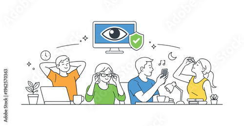 Individuals maintaining vision care and reducing eye strain through conscious habits in a digital lifestyle environment, illustrated by a simple eye symbol paired with a screen and