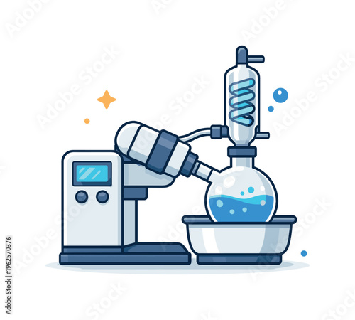 Rotary evaporator solvent removal under reduced pressure in chemical laboratories for gentle compound concentration, a round flask connected to a simple rotating arm with a small