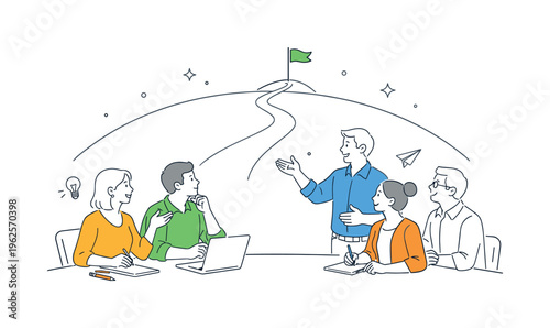 Entrepreneurs clarifying long-term value direction and organizing gradual expansion planning together during a strategic growth discussion in a startup meeting